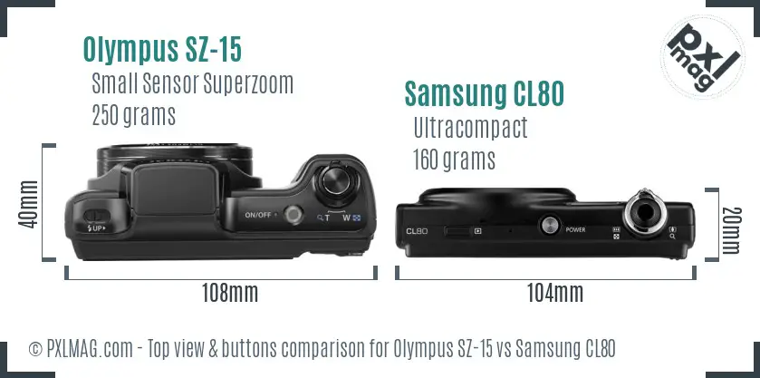 Olympus SZ-15 vs Samsung CL80 top view buttons comparison