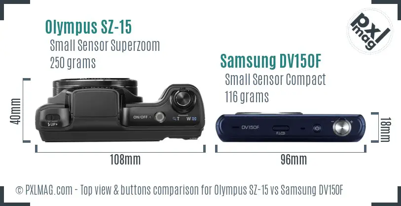 Olympus SZ-15 vs Samsung DV150F top view buttons comparison