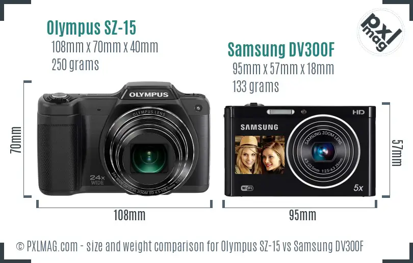 Olympus SZ-15 vs Samsung DV300F size comparison