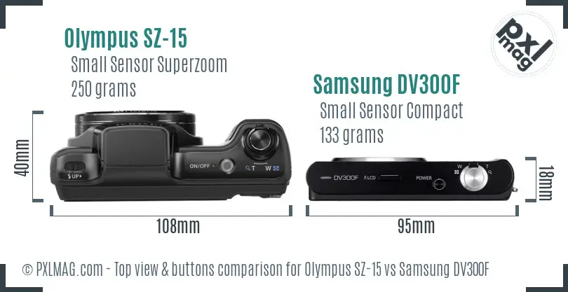 Olympus SZ-15 vs Samsung DV300F top view buttons comparison