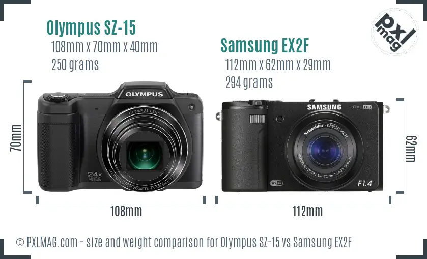Olympus SZ-15 vs Samsung EX2F size comparison