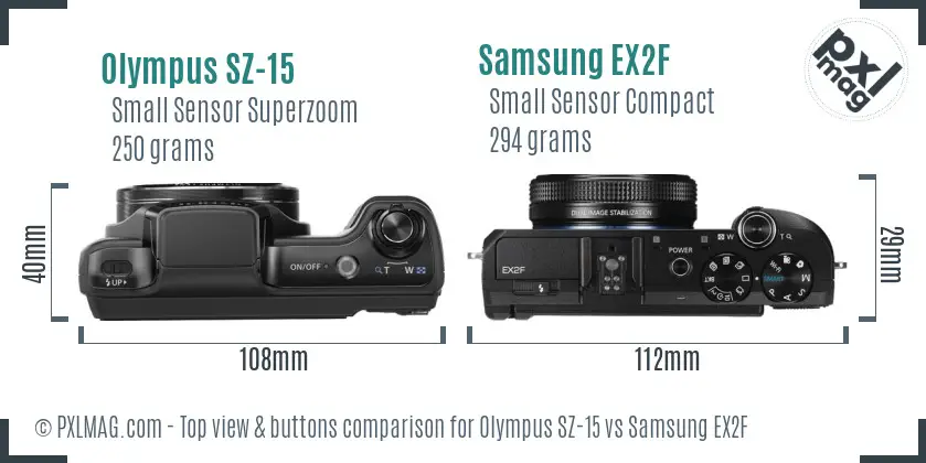 Olympus SZ-15 vs Samsung EX2F top view buttons comparison