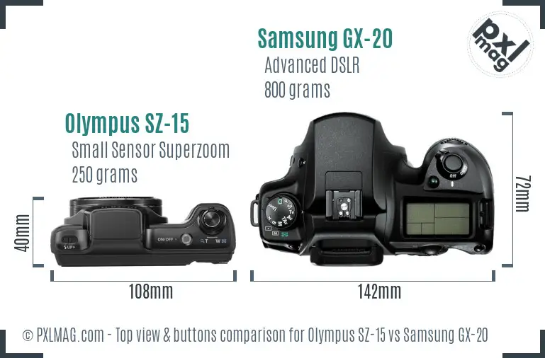 Olympus SZ-15 vs Samsung GX-20 top view buttons comparison