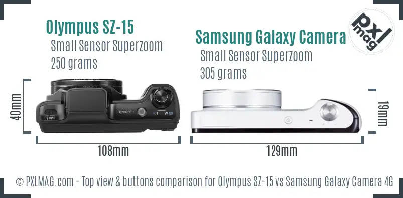 Olympus SZ-15 vs Samsung Galaxy Camera 4G top view buttons comparison