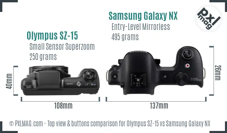 Olympus SZ-15 vs Samsung Galaxy NX top view buttons comparison