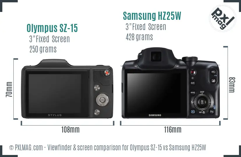 Olympus SZ-15 vs Samsung HZ25W Screen and Viewfinder comparison