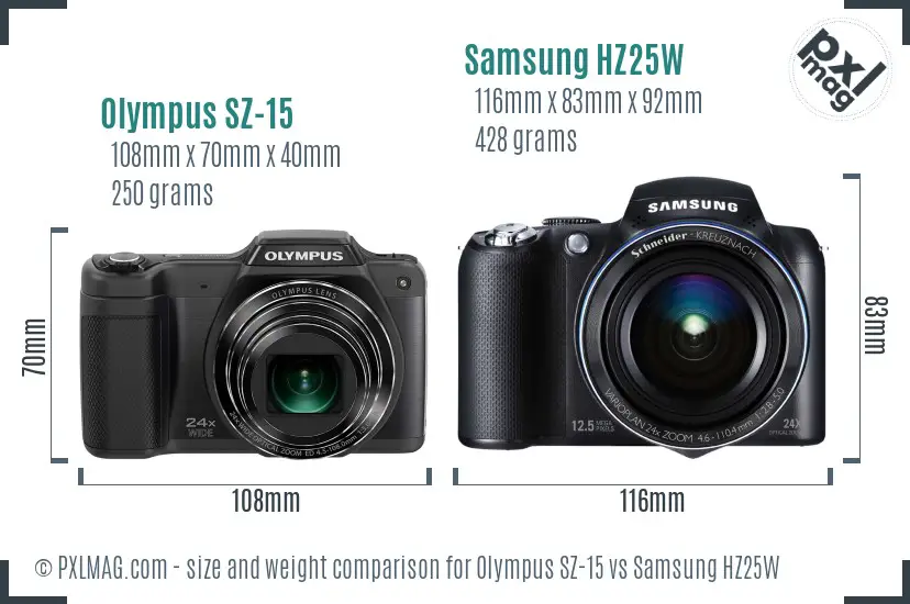 Olympus SZ-15 vs Samsung HZ25W size comparison