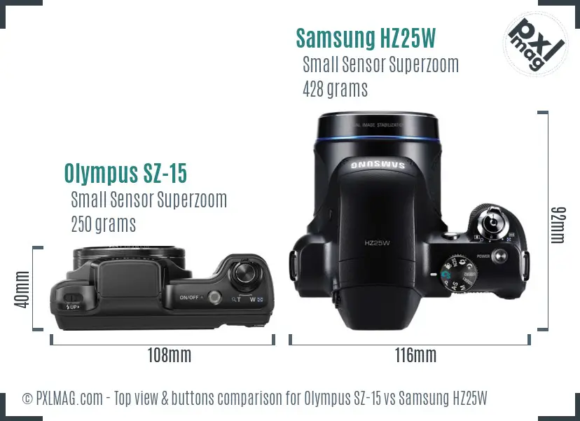 Olympus SZ-15 vs Samsung HZ25W top view buttons comparison