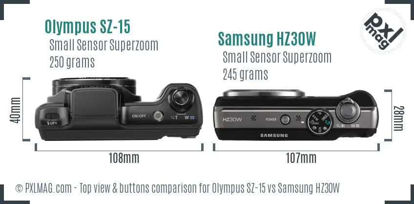 Olympus SZ-15 vs Samsung HZ30W top view buttons comparison