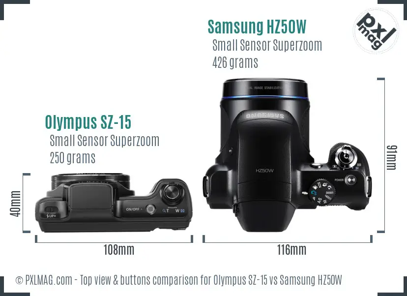 Olympus SZ-15 vs Samsung HZ50W top view buttons comparison Olympus SZ-15 vs Samsung HZ50W top view buttons comparison