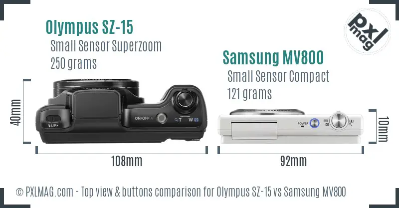 Olympus SZ-15 vs Samsung MV800 top view buttons comparison