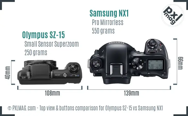 Olympus SZ-15 vs Samsung NX1 top view buttons comparison