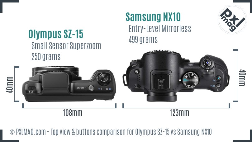 Olympus SZ-15 vs Samsung NX10 top view buttons comparison