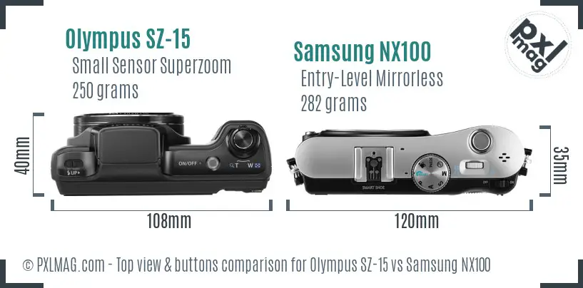 Olympus SZ-15 vs Samsung NX100 top view buttons comparison