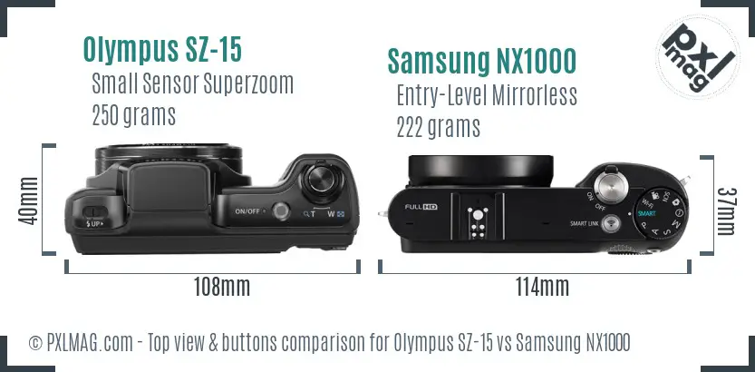 Olympus SZ-15 vs Samsung NX1000 top view buttons comparison