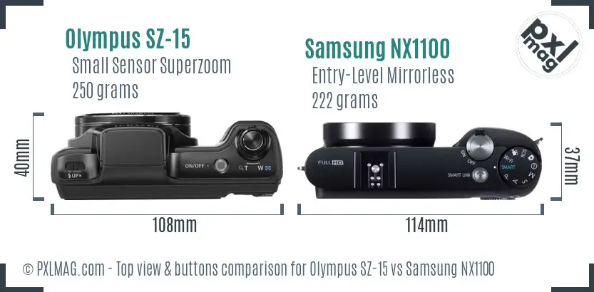 Olympus SZ-15 vs Samsung NX1100 top view buttons comparison
