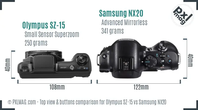 Olympus SZ-15 vs Samsung NX20 top view buttons comparison Olympus SZ-15 vs Samsung NX20 top view buttons comparison