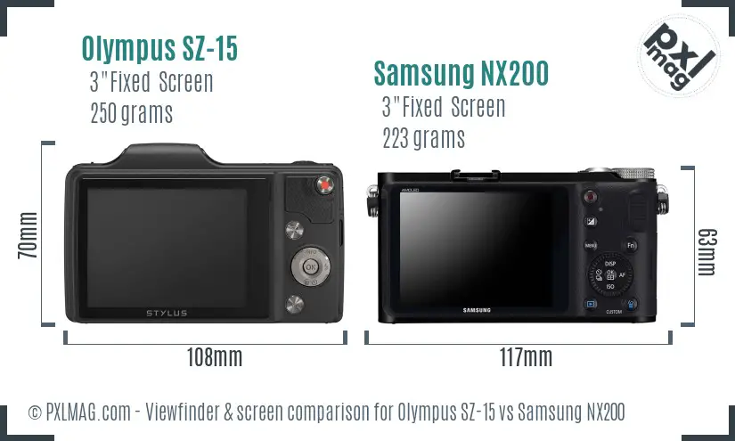 Olympus SZ-15 vs Samsung NX200 Screen and Viewfinder comparison