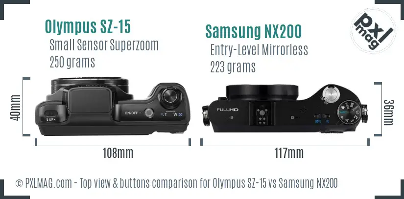 Olympus SZ-15 vs Samsung NX200 top view buttons comparison