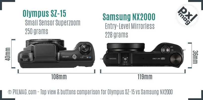 Olympus SZ-15 vs Samsung NX2000 top view buttons comparison