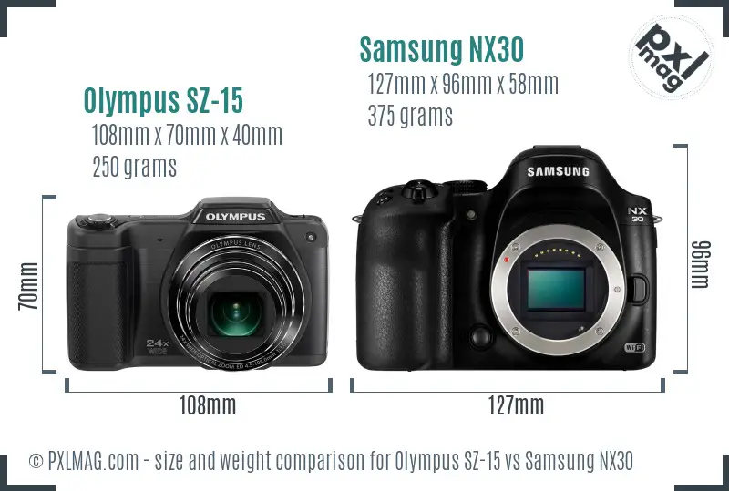 Olympus SZ-15 vs Samsung NX30 size comparison Olympus SZ-15 vs Samsung NX30 size comparison