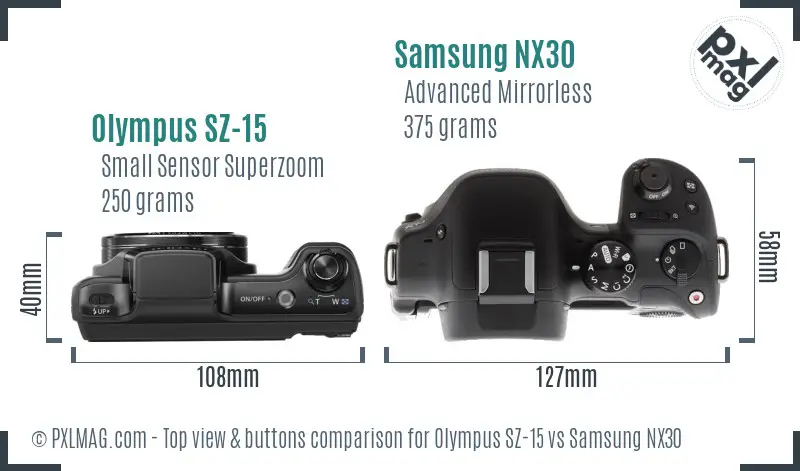 Olympus SZ-15 vs Samsung NX30 top view buttons comparison Olympus SZ-15 vs Samsung NX30 top view buttons comparison