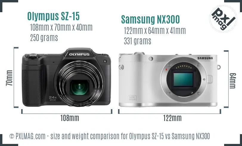 Olympus SZ-15 vs Samsung NX300 size comparison
