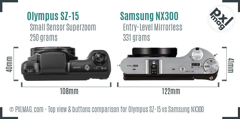 Olympus SZ-15 vs Samsung NX300 top view buttons comparison