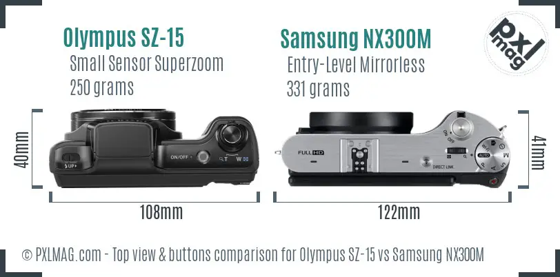 Olympus SZ-15 vs Samsung NX300M top view buttons comparison Olympus SZ-15 vs Samsung NX300M top view buttons comparison