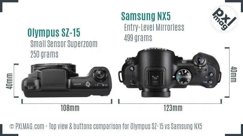 Olympus SZ-15 vs Samsung NX5 top view buttons comparison Olympus SZ-15 vs Samsung NX5 top view buttons comparison