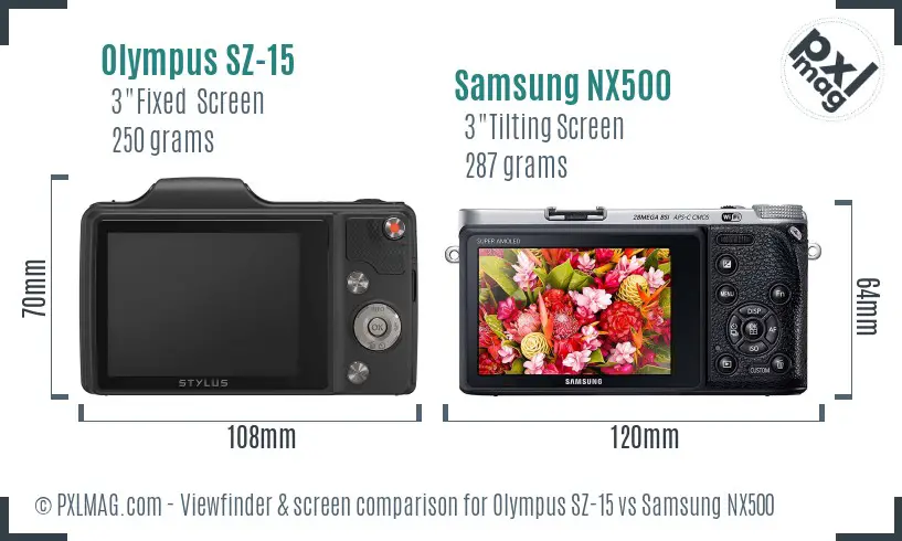 Olympus SZ-15 vs Samsung NX500 Screen and Viewfinder comparison