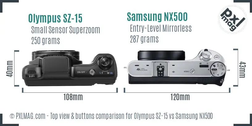 Olympus SZ-15 vs Samsung NX500 top view buttons comparison