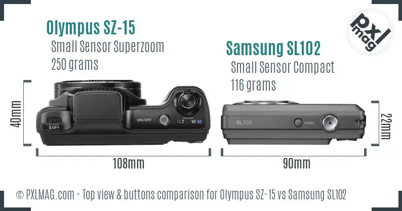 Olympus SZ-15 vs Samsung SL102 top view buttons comparison