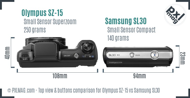 Olympus SZ-15 vs Samsung SL30 top view buttons comparison