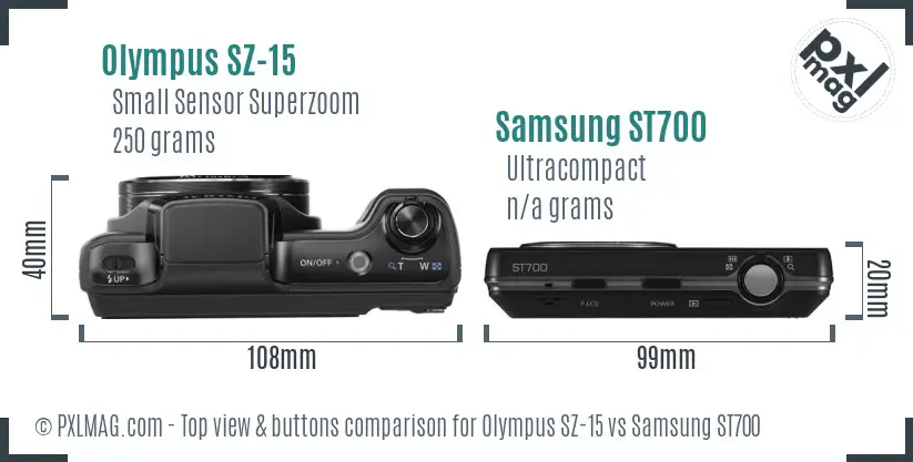 Olympus SZ-15 vs Samsung ST700 top view buttons comparison Olympus SZ-15 vs Samsung ST700 top view buttons comparison