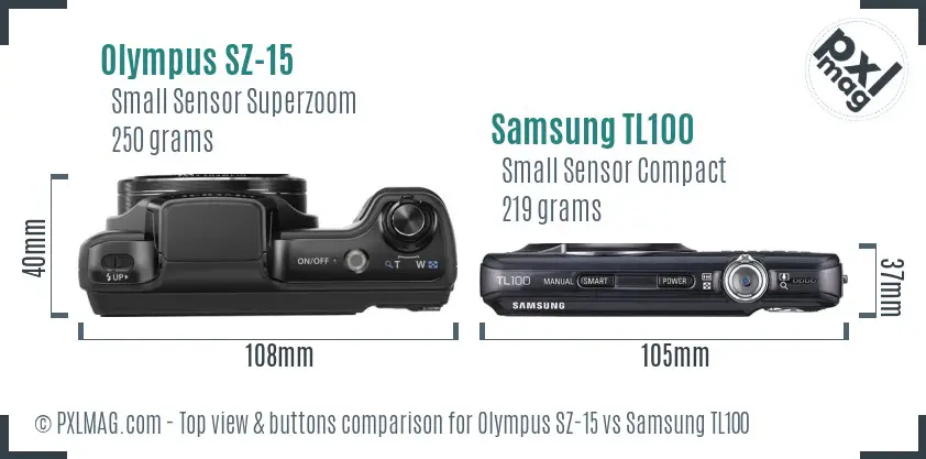 Olympus SZ-15 vs Samsung TL100 top view buttons comparison