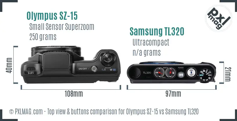 Olympus SZ-15 vs Samsung TL320 top view buttons comparison