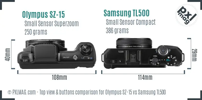 Olympus SZ-15 vs Samsung TL500 top view buttons comparison