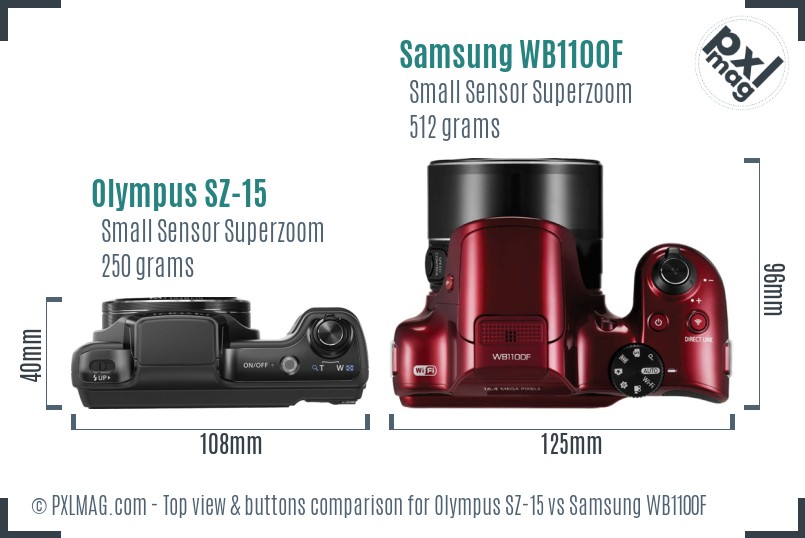 Olympus SZ-15 vs Samsung WB1100F top view buttons comparison