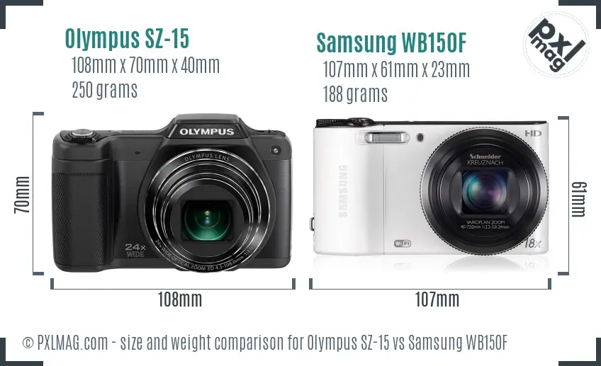 Olympus SZ-15 vs Samsung WB150F size comparison