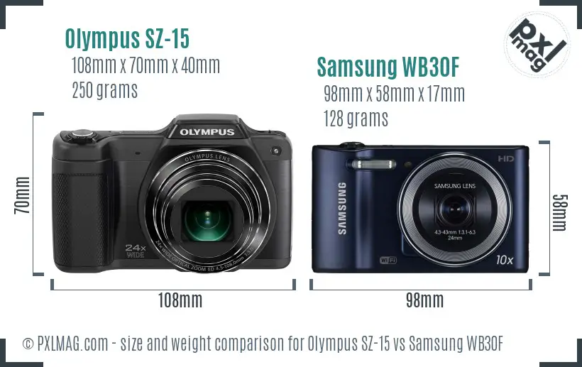 Olympus SZ-15 vs Samsung WB30F size comparison