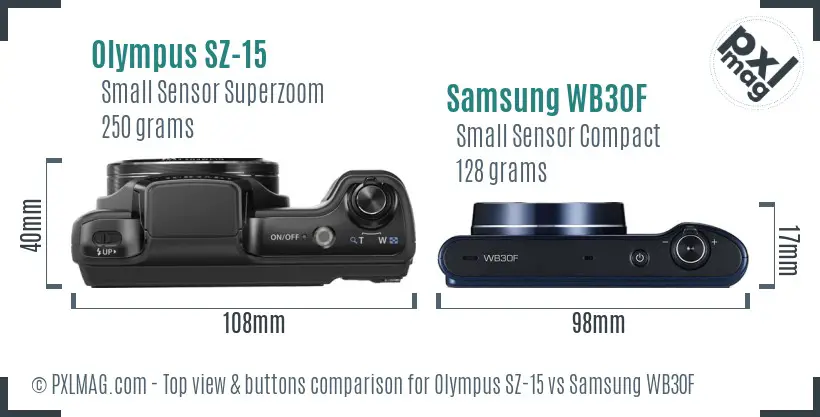 Olympus SZ-15 vs Samsung WB30F top view buttons comparison