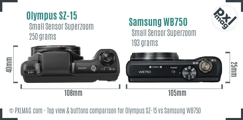 Olympus SZ-15 vs Samsung WB750 top view buttons comparison