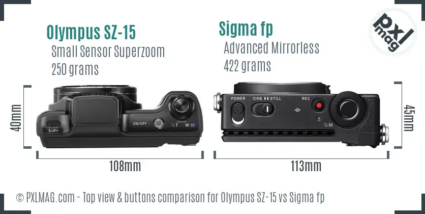 Olympus SZ-15 vs Sigma fp top view buttons comparison Olympus SZ-15 vs Sigma fp top view buttons comparison