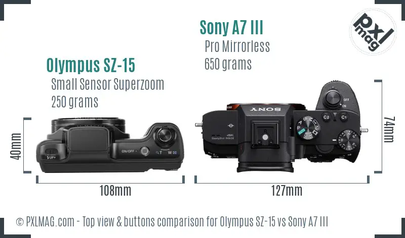 Olympus SZ-15 vs Sony A7 III top view buttons comparison