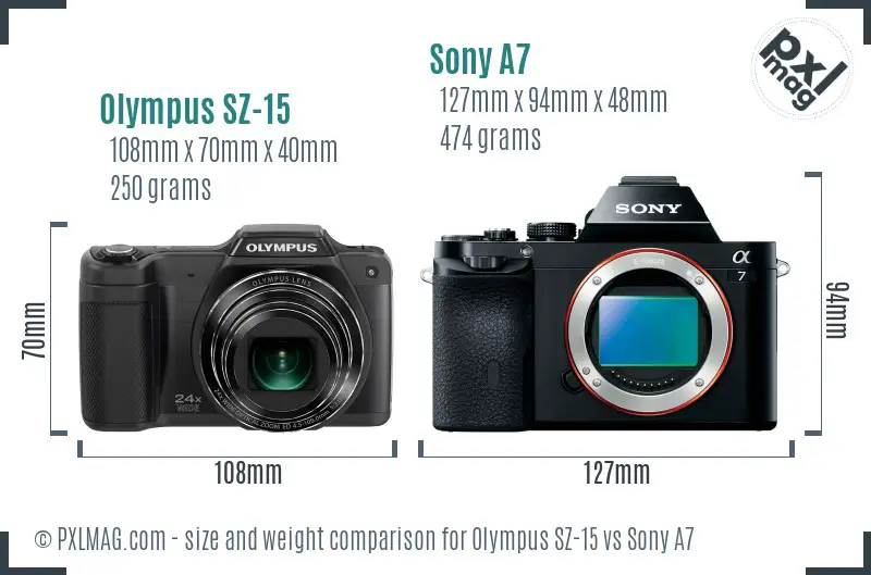 Olympus SZ-15 vs Sony A7 size comparison