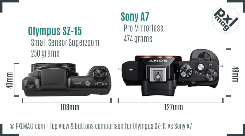 Olympus SZ-15 vs Sony A7 top view buttons comparison