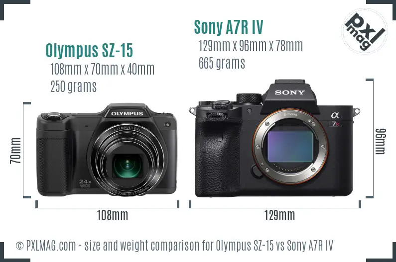 Olympus SZ-15 vs Sony A7R IV size comparison