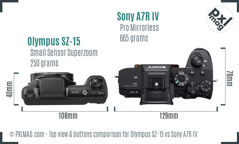 Olympus SZ-15 vs Sony A7R IV top view buttons comparison