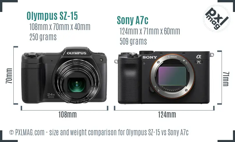 Olympus SZ-15 vs Sony A7c size comparison